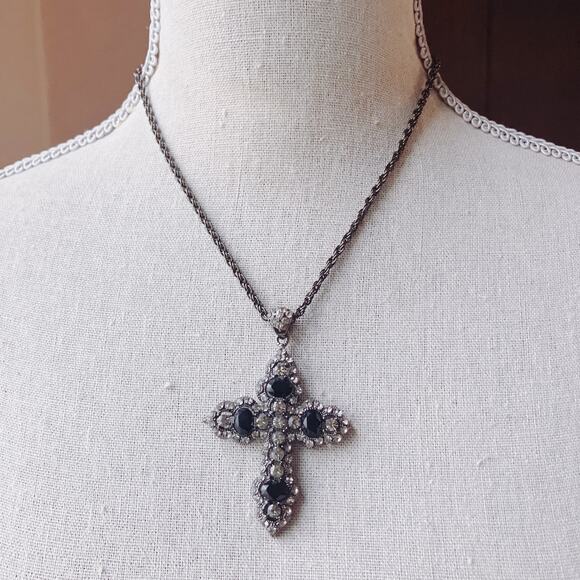 Gothic Cross Necklace Black Glass Rhinestone Silver Tone Statement Faith Pendant - Picture 6 of 13
